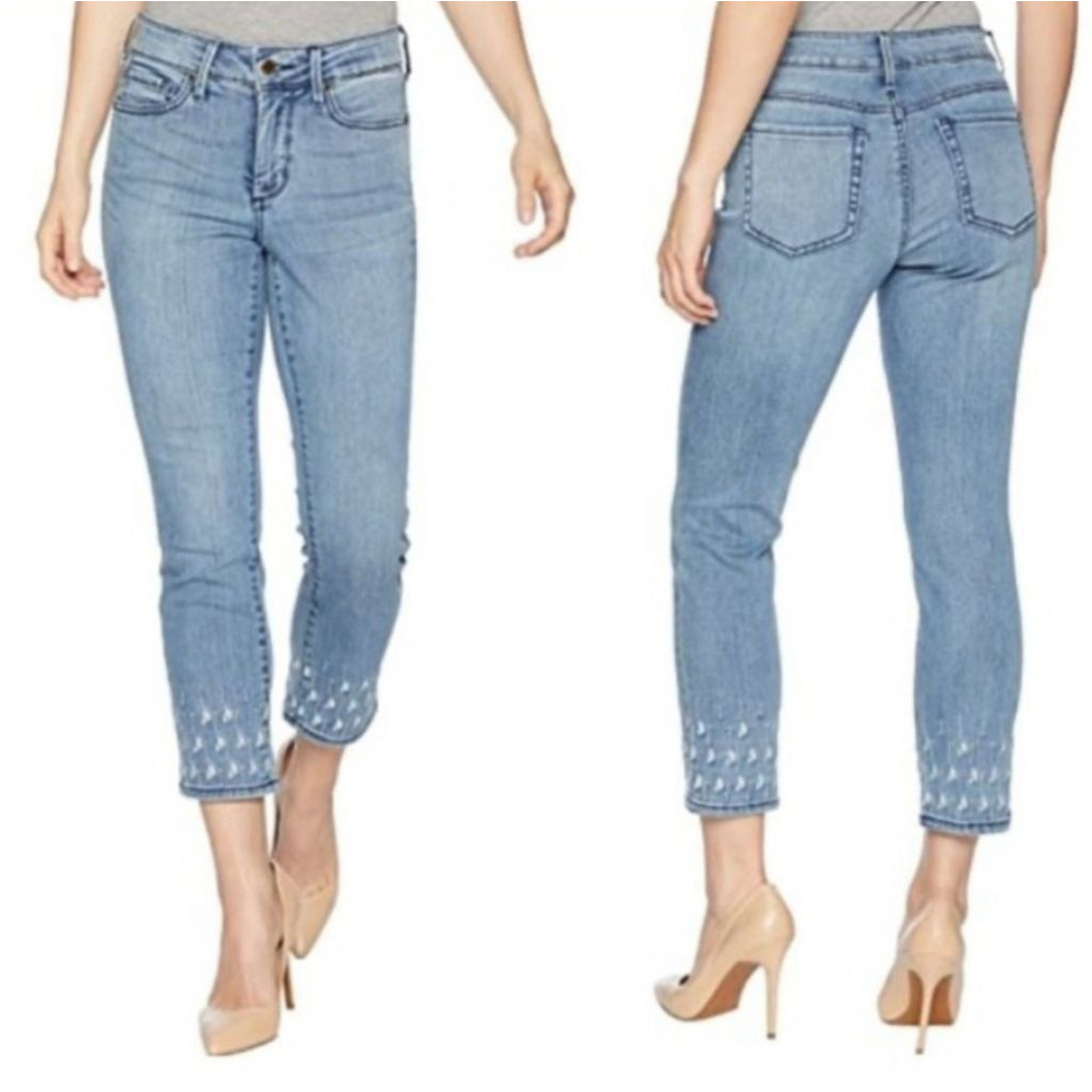 Not Your Daughters Jeans NYDJ Sheri Slim Ankle Embroidered Crop Light Wash 14